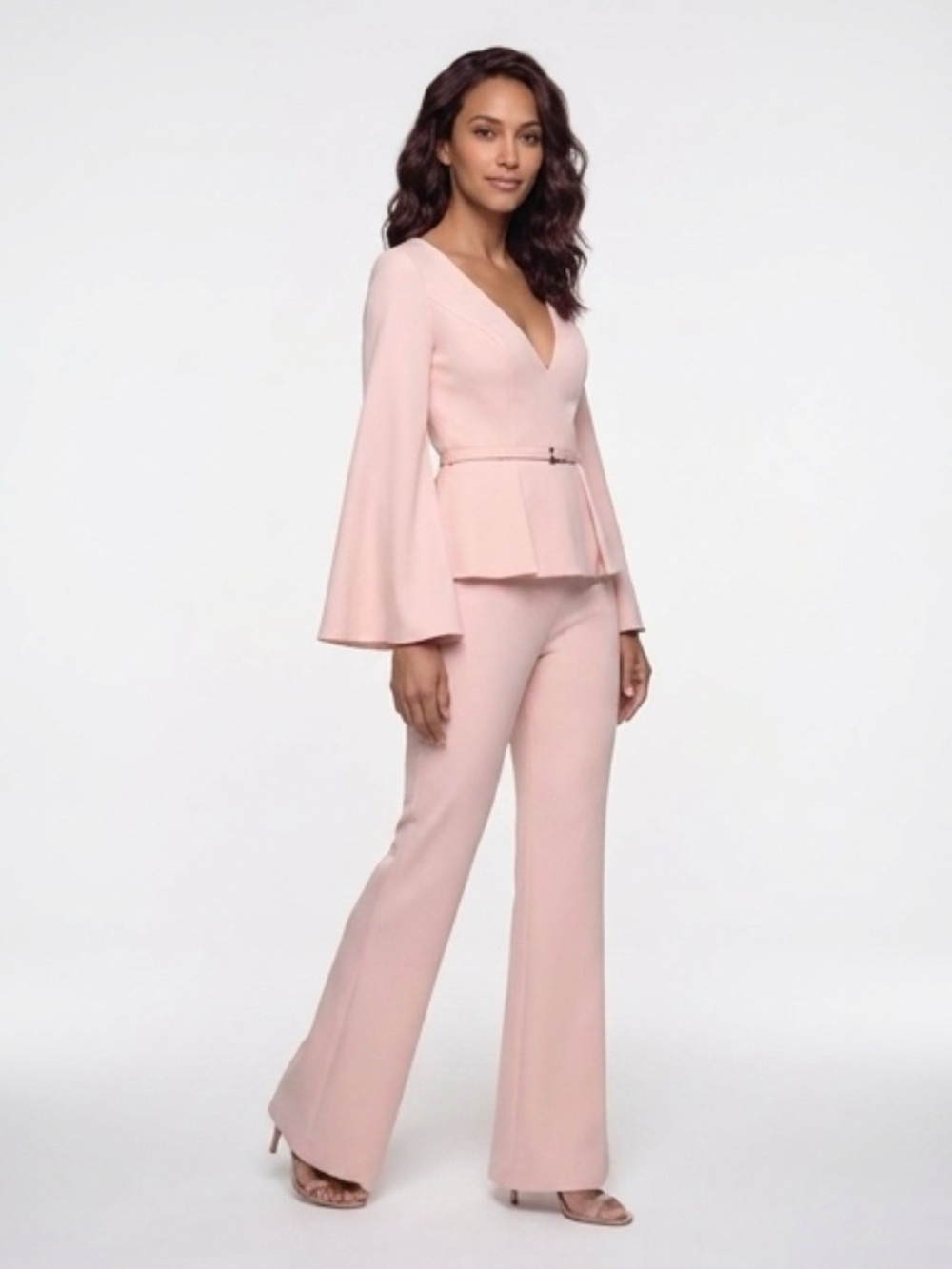 Mac Duggal Blush Pink Peplum Jumpsuit with Bell Sleeves